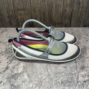 Ecco Biom Mary Jane Shoes Hook and Loop Beige/Silver/Pink Womens Size 38 (7-7.5)